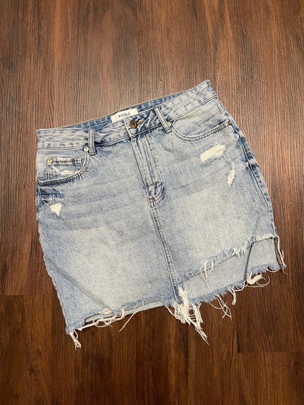 pistola Light Wash Distressed Denim Mini Skirt
